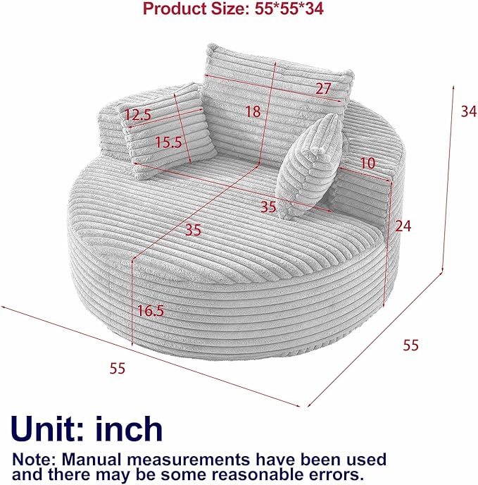 Oversized Round Chaise Lounge Chair Indoor 55W Circle Comfy Armchair with Deep Seat Floor Cloud Boneless Chair Upholstered Modern Cozy Sofa Chairs for Living Room Bedroom(Corduroy Green)