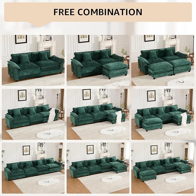 46.4'' Green Modern Large Sectional Couches for Living Room Chenille Fabric Modular Sectional Sofa Oversized Single Cloud Couch for Apartment Deep Seat Wide Arm Sofas Set Sofa para Sala