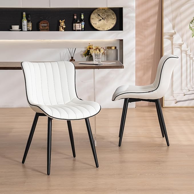 YOUNUOKE Mid-Century Modern Dining Chairs Set of 2 White PU Leather Upholstered Kitchen Chairs with Black Metal Legs Armless Accent Chair for Dining Room Guest Reception Room
