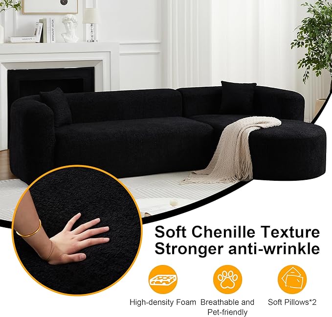 109.4 Sectional Couch with L-Shaped Chaise Boneless Modular Sectional Sofa Soft Chenille Sofa with Deep Seat for Living Room No Assembly (Right-Facing Chaise Black) | Breaathable Material