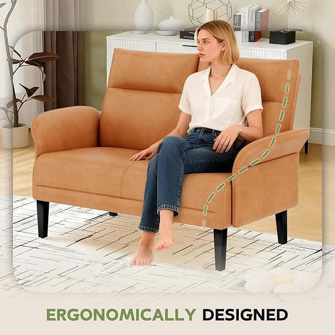 Love Seat Mini Couch Small Settee Loveseat Bench for Living Room Bedroom Office Faux Leather Loveseat Small Sofa Couches with Padded Cushion Brown