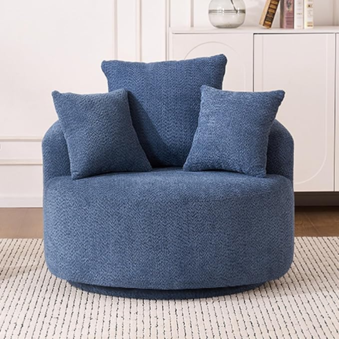 Yoglad 38.58'' Swivel Round Chair Comfy Boucle 360° Accent Chair with Thick Cushion Oversized Modern Single Sofa with 3 Pillows Soft Armchair for Nursery Living Room Bedroom Office (Blue)
