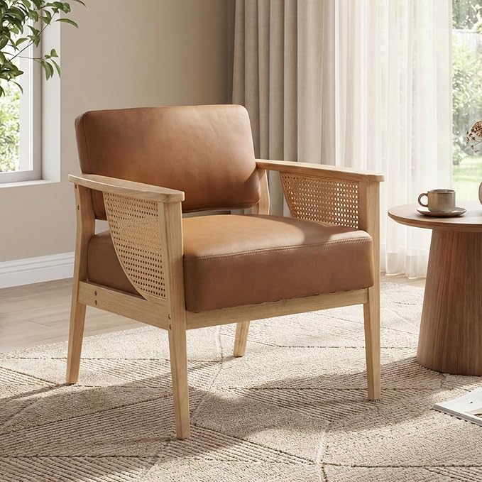 Mid Century Modern Accent Chair Rattan Armchair with Wood Legs Living Room Chair PU Leather Upholstered Lounge Chair for Bedroom Reading Room Brown