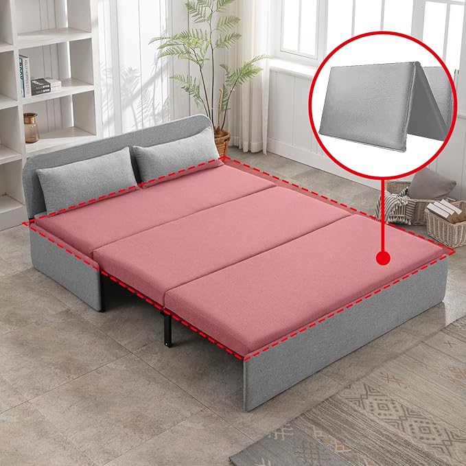 PUREMIND Queen Size Pull Out Sleeper Sofa Bed Linen Convertible Sofa Bed with Foldable Mattress Loveseat Couch Pull Out Bed with 2 Cushions for Small Place Apartment Office Grey