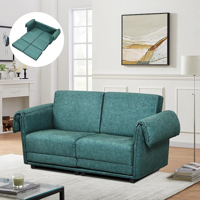 FHFO Convertible Couch Bed Queen 65 Loveset Small Couch for Small Spaces 3 in 1 Pull Out Sofa Bed Convertible Sleeper Sofa Comfy Sofabed for Living Room Bedroom Apartment (Green)