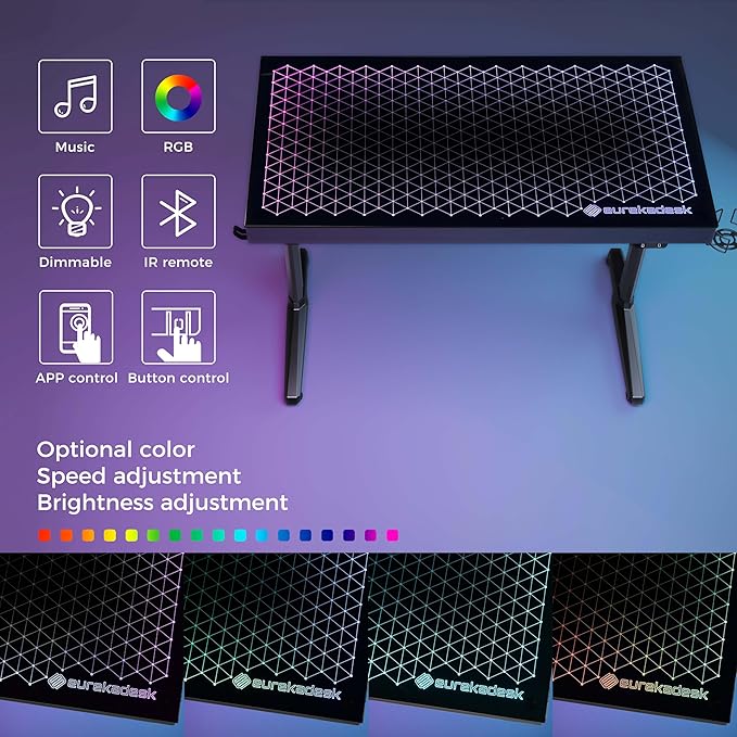 EUREKA ERGONOMIC RGB LED Gaming Desk Music Sync Lights Up Tempered Glass Desktop 43 GTG I43 Home Office Computer Table W Controller Rack 4 USB Charging Ports APP Control