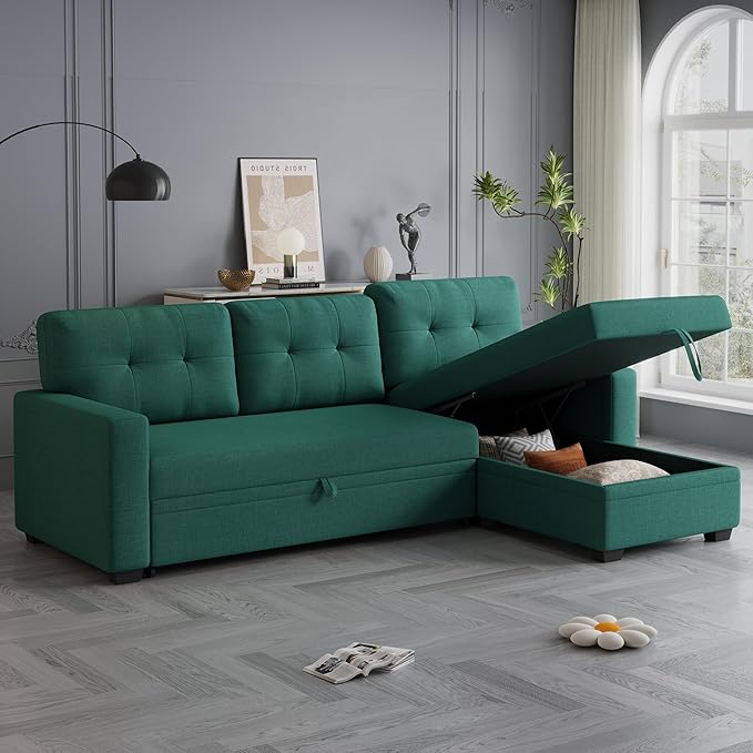 82 L-Shape Convertible Sleeper Sectional Sofa with Storage Chaise and Pull-Out BedModular Corner Couch Loungew/Removable 3 Back Cushions and Armrestfor Home FurnitureGreen