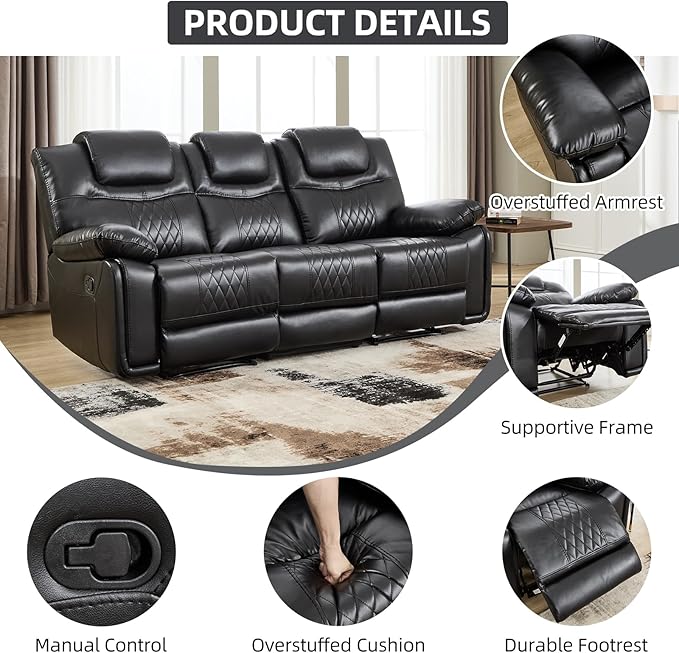 EBELLO Faux Leather Manual Reclining Sofa Overstuffed Armrest 3 Seat Recliner Sofa Reclining Couch for Living Room Meeting Room Bedroom Black