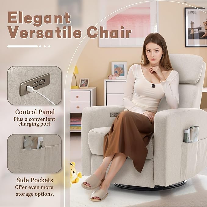 Power Swivel Recliner Chairs for Adults Electric Glider Rocking Chair Nursery Glider Recliner Nursery Chair with Classified Side Pocket Nursery Rocking Chairs with USB and Type-C Ports