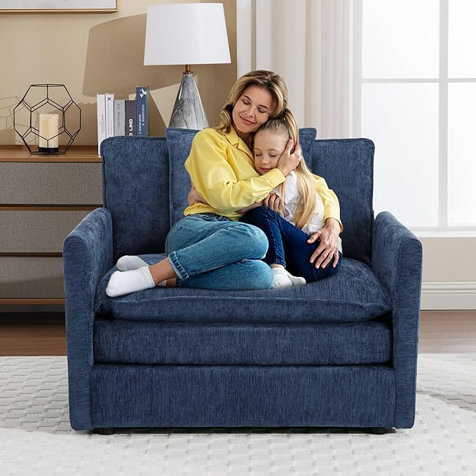 SLEERWAY Oversized Chair with Ottoman Set Modern Comfy Living Room Chenille Single Large Cloud Couch Lounge Chair Indoor for Bedroom Office Apartment Blue