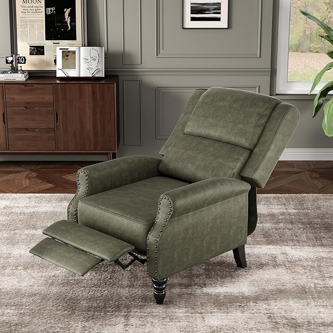 Leather Recliner Chair Pushback Recliner Chair with Adjustable Backrest Footrest Mid-Century Modern Living Room Reclining Chairs with Lumbar Support for Reading Bedroom (Dark Green)