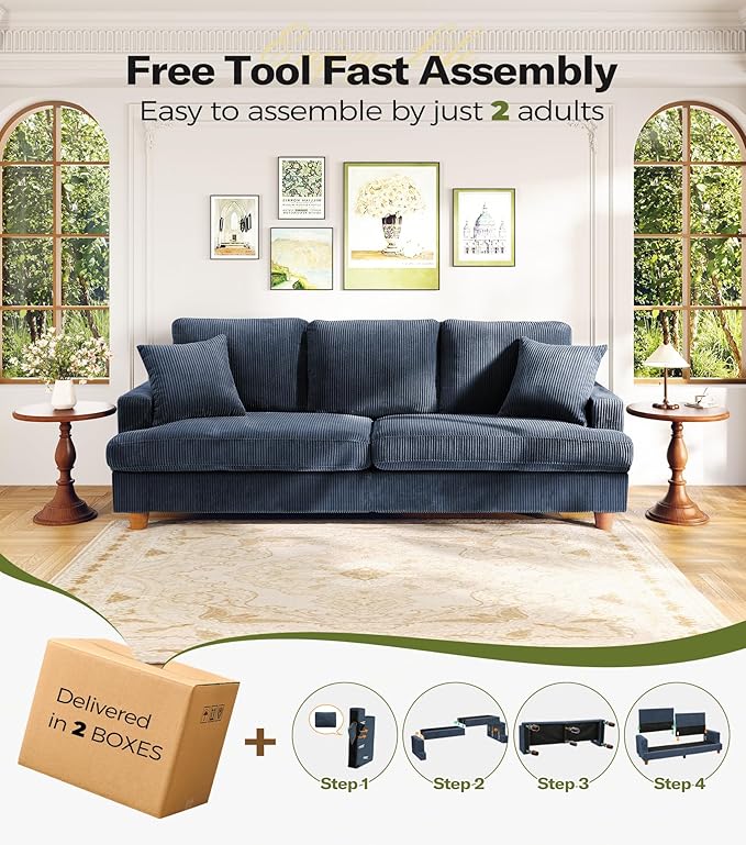 Kidirect 87in L Shaped Couch Modular Sofa No Tool Assembly Comfy Sectional Couches for Living Room 21in Deeper Seats Corduroy Sofas for Living Room with 2 Pillows Loveseat Sofa Set Blue Couch | C