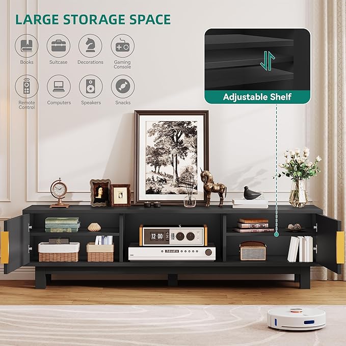YITAHOME Fluted TV Stands for TVs up to 65 Inches Entertainment Center with Power Outlets &amp Storage Compartments 59 Long Wooden TV Console for Living Room (Black 59)