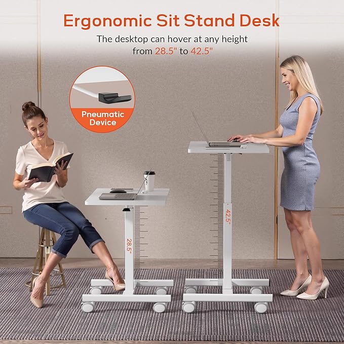 Mobile Small Standing Rolling Desk Adjustable Height Portable Laptop Desk on Wheels Workstation for Home Office with HookWhite