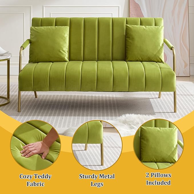 Dolonm 60 Velvet Loveseat 2 Seater Upholstered Couch with 2 Pillows Mid Century Pleated Velvet Sofa with Gold Metal Legs Perfect for Small Spaces Apartments Offices Bedrooms