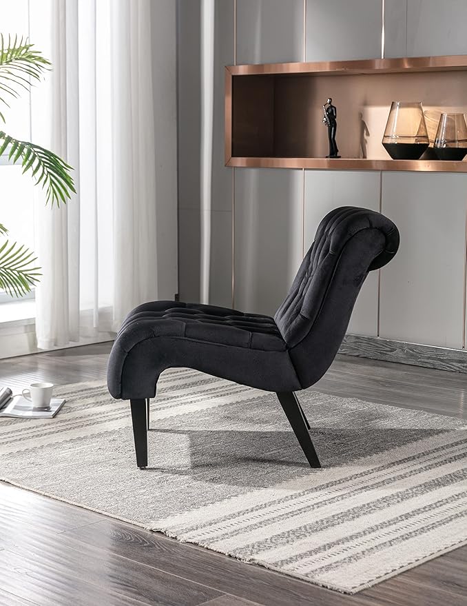 Modern Armless Living Room Chair/Leisure ChairUpholstered Fabric Button Comfortable Chair with Wooden Legs for Bedroom Living Room Office (Black)