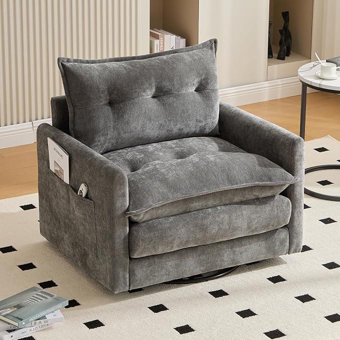 Furniliving Oversized Chenille Swivel Accent Chair for Living Room Upholstered Barrel Chair with Thick Padded Backrest Comfortable Single Sofa Chair for Bedroom Grey