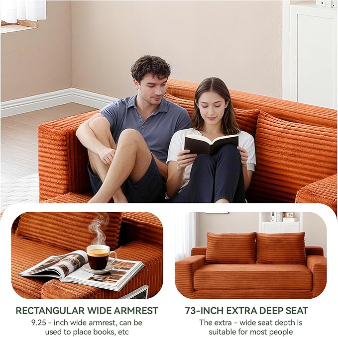 73 Convertible Sofa Bed Pull Out Boneless Loveseat Sleeper Sofa Corduroy Foldable Couch Bed with Storage Bag No Assembly Couch in a Box for Living Room Apartment (Orange)