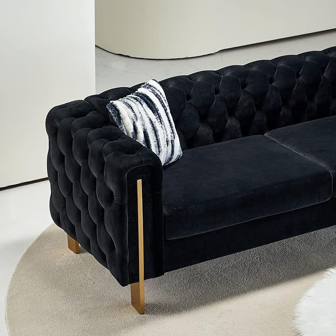 Dolonm Modern Velvet Sofa for Living Room 84 Inches Long Tufted Couch Upholstered Sofa with 2 Pillows High Arm and Metal Legs Decor Furniture for Bedroom Office (Black)
