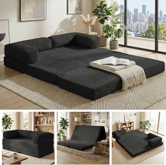 Folding Sofa Bed Convertible Sleeper Chair with Pilow Foldable Matress 2 in 1 Pull Out Loveseat Sofa Portable Fold Out Chair Bed Floor Couch Lounge for Living Room (Black King-82 Lx76 W)