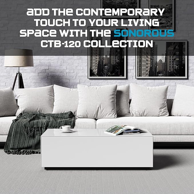 SONOROUS Premium Tempered Glass Coffee Table - Modern White Rectangular Coffee Tables for Living Room - High Gloss Fingerprint Resistant Mid Century Design - Stylish Living Room Furniture &amp Décor