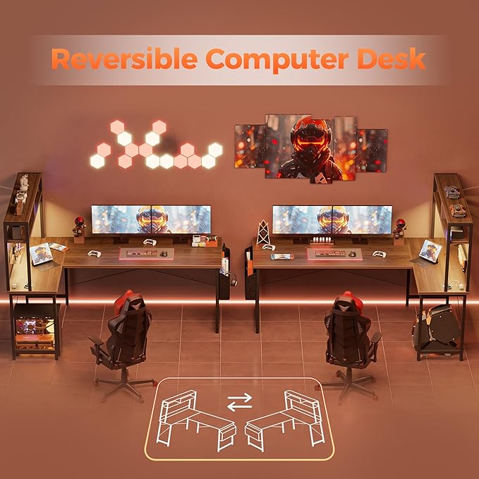 Mericonia 50 inch Large L Shaped Desk with Pegboard Hutch &amp Shelves Corner Gaming Desk with Power Outlet LED Light &amp Storage Bag Reversible Computer Desk for Home Bedroom Office Workspace