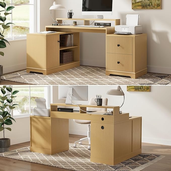 67 L Shaped Executive Desk with Drawers &amp Storage Shelf Corner Computer Desk with Power Outlets Home Office Desk with Monitor Stand Printer Shelf Computer Writing Desk for Work Oak