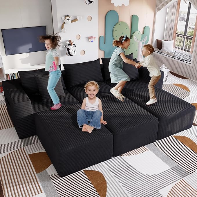 Modular Cloud Sectional Sofa – Oversized Deep Seat Couch with Pillows Convertible Foam SofaFreely Configurable for Living Room Apartment Bedroom (Black 3 Seater+3 Ottoman)