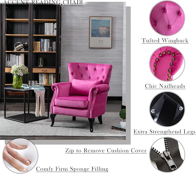 Mid Century Modern Accent Chair Upholstered Armchair Comfy Velvet Fabric Single Sofa with Tufted Wingback for Small Spaces Bedroom Living Room Hot Pink