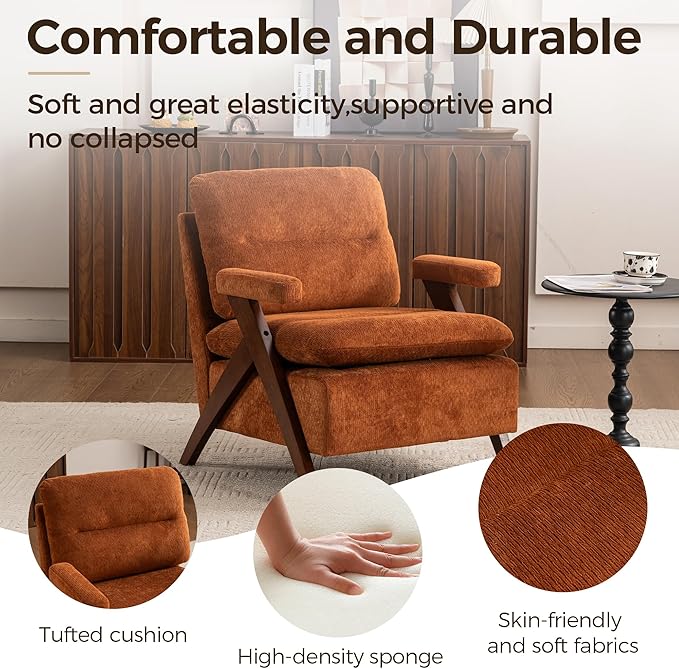 Mid Century Modern Tufted Accent Chair - Sturdy Upholstered Solid Wood Armchair with Breathable Fabric High-Density Cushion Non-Slip Pads for Living Room Reading Room Bedroom Orange