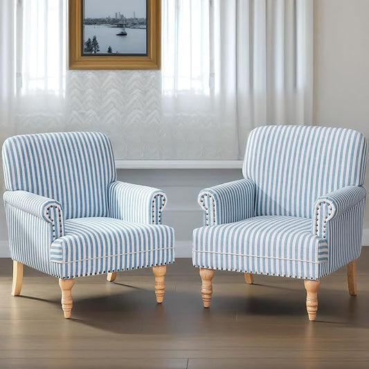 HUIMO Linen Fabric Accent Chairs Set of 2 Mid-Century Modern Armchair with Solid Wood Legs Single Sofa ChairUpholstered Reading Club Chair (2 Blue and White Stripe)