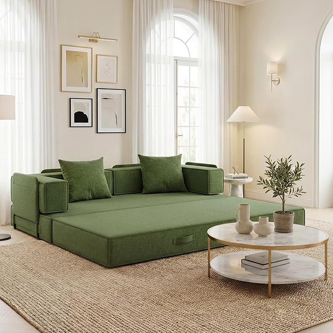 Claiks 4-in-1 Convertible Sofa Bed82 Inch Compression Sofa with Corduroy Fabric Pull Out Sleeper Sofa with 2 Pillows &amp 4 Side Pockets for Living Room Bedroom ApartmentNo Assembly RequiredGreen.
