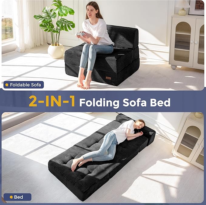 MAXYOYO 8 Folding Sofa Bed Convertible Sleeper Sofa Lounger Foldable Mattress Wedge Shape Floor Couch Tufted Fold Out Chair Bed Comfy Floor Couch Lounge for Living Room Bedroom Single Black