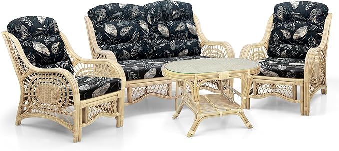 Malibu Lounge Loveseat Sofa Natural Rattan Wicker Handmade Design Natural Color with Black Leaf Cushions