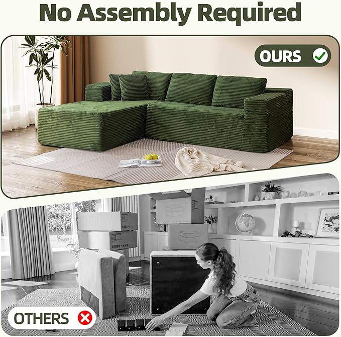 HOMREST 106 Cloud Sectional Couch with Chaise Lounge L-Shape Modular Sectional Boneless Sofa with Deep Seat Upholstered Couches for Living Room Bedroom No Assemble Green (Plush Corduroy Fabric)