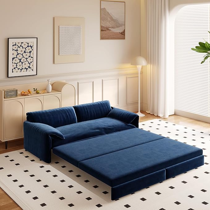 3 in 1 Convertible Queen Sleeper Sofa Bed Comfy Pull Out Futon Couch Bed 66 Modern Velvet Recliner Loveseat Sofa Multi-Functional Blue Cloud Couch for Living RoomApartmentOffice (Blue 66)