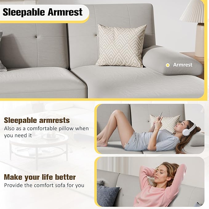 JY QAQA Sectional Couche with Soft Cushion U-Shaped Sofa with Double Chaise 4-Seat Linen Fabric Sofa Sets for Living Room Apartment Beige