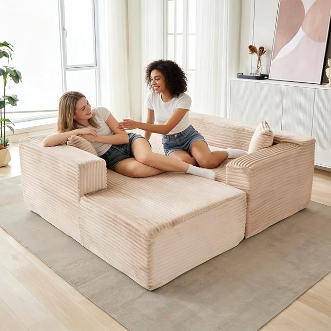 110” Cloud Sectional Couch Compressed Modular Sectional Sofa with Deep Seat Comfy Fluffy Boneless Couch with L-Shaped Chaise Minimalist Modular Sofa Sleeper for Living Room Beige