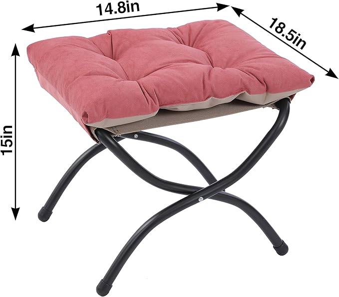 15 Foldable Foot Stool Ottoman with Metal Frame - Washable Red Upholstered Indoor/Outdoor Footrest for Living Room Bedroom Patio - Space-Saving Compact Design