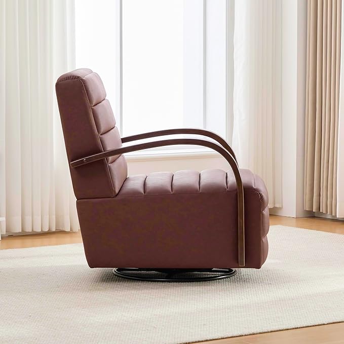30.3 W Swivel Modern Boucle Upholstered Accent Chair with Solid Wood Armrests Comfy Lounge Reading Chair Side Armchair for Hotel Bedroom Living Room Office Nursery Room (Brown+PU)