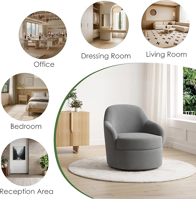 Swivel Accent Chair Upholstered Barrel Chairs with Washable Detachable Cover Round Living Room Chairs with Solid Mental Base Modern Armchair for Bedroom Polar Fleece(Grey)