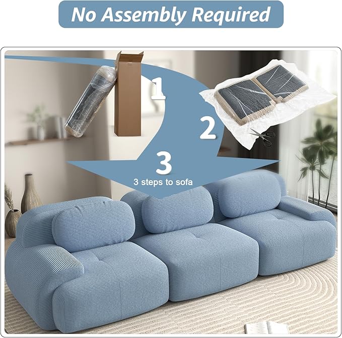 116 Modern Boneless Couches for Living Room Corduroy Cloud Couch Sectional with Deep Seat Blue Modular Sectional Sofa 3 Seater Couch for Living Room Sofas para Sala (Blue 3 Seater)