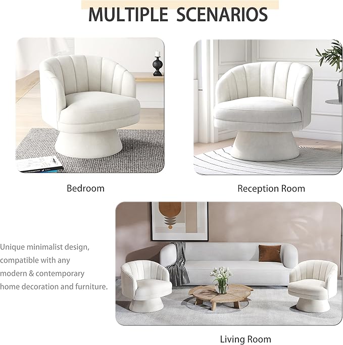 Swivel Accent ChairUpholstered Velvet 360° Swivel Barrel Chair for Living Room Overstuffed Bouncle Reading Chair Round Armchair for BedroomVanityOffice (Beige)