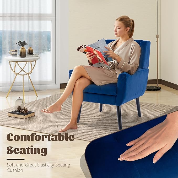 Modern Accent Chair Velvet Upholstered Armchair with Thick Padding Fluffy Comfy Reading Chair Cozy Living Room Chair with Black Wood Legs Single Sofa Chair for Home Office Bedroom Blue