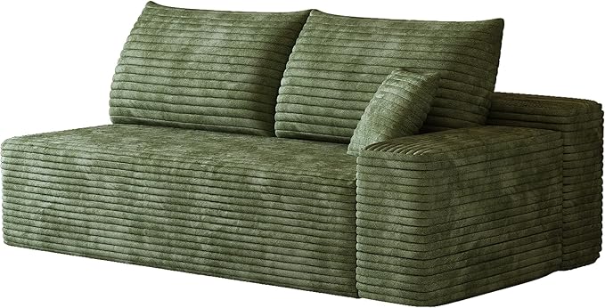Boneless Sofa 2-Seater Cloud Couches for Living RoomModular Corduroy Upholstered Couch with Deep Seat No Assembly (Green Left Armrest)