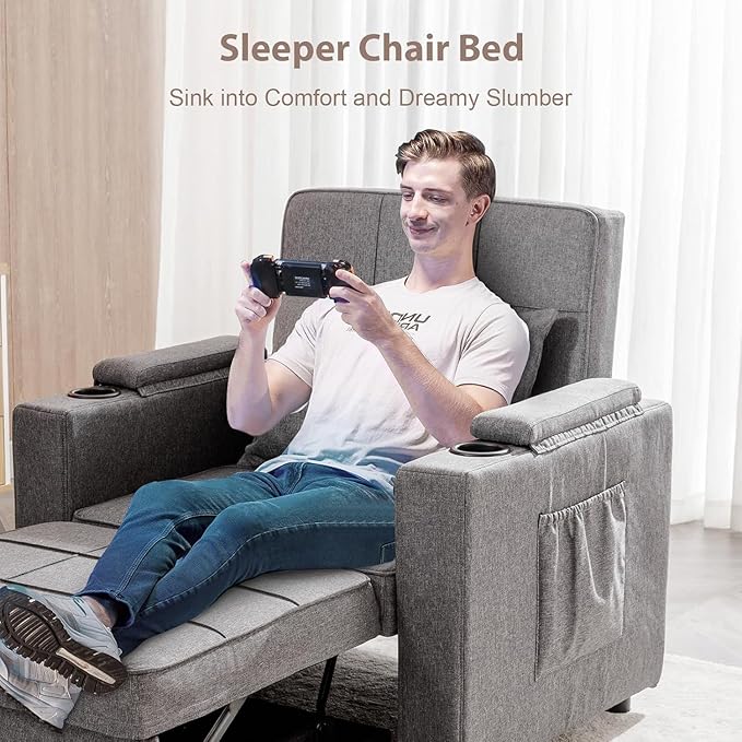 COMHOMA Sleeper Chair BedConvertible Sofa Bed Armchair with Cup Holders3-in-1 Futon Bed Chair with Side Pocket Pull Out Sofa Bed Couch for Living RoomBedroom (Grey)