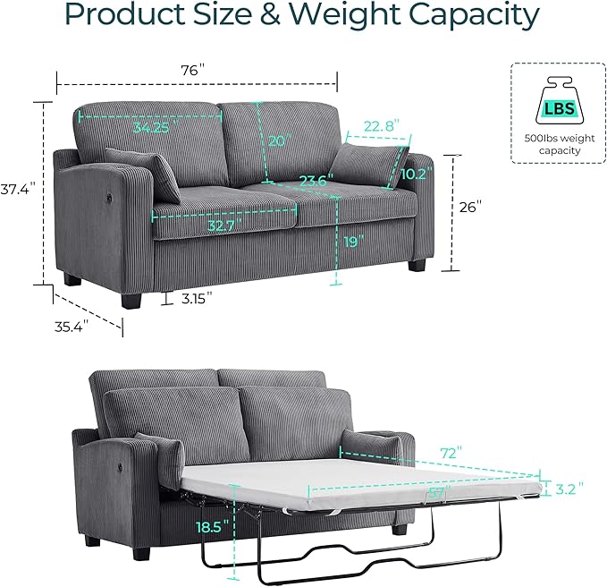 LINSY HOME Pull Out Sofa Bed - Convertible Loveseat Sleeper Sofa Upgraded Bed Frame Pullout Couch - USB Charging &amp Cup Holders Corduroy Sofa Bed for Living Room Small Space Queen Size (Grey)