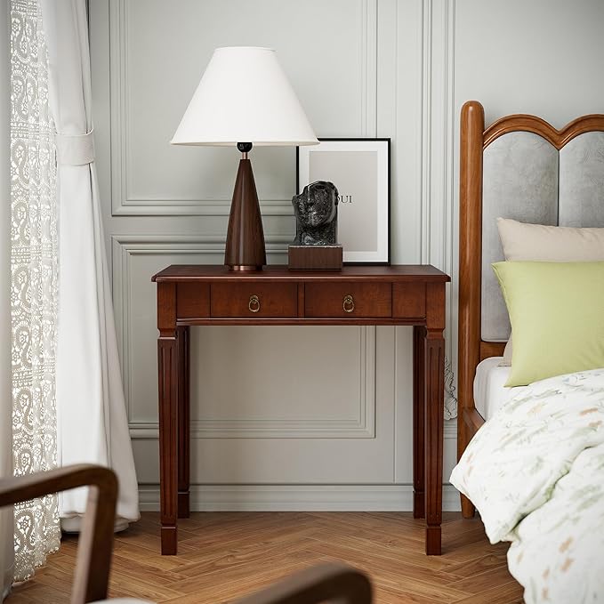 Small Computer Desk With 2 Storage Drawers 31.5 Home Office Desks-  Elegant Wood Writing Desks with Carved Legs Classic Vanity Dressing Table For Small Space Easy Assembly Caramel Brown SSZ-D1258