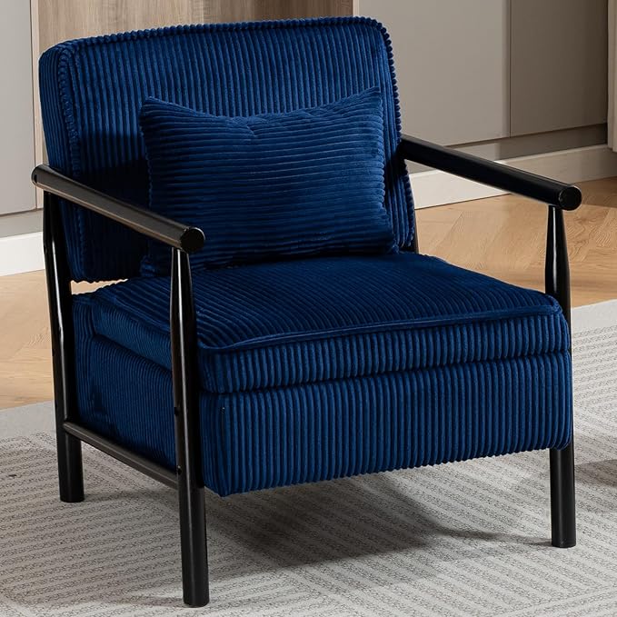 Blue Accent Chair with Storage 24 W Mid Century Modern Chair with Cushion Upholstered Corduroy Reading Chair with Wooden Legs Comfy Arm Chairs for Living Room Bedroom (Blue)