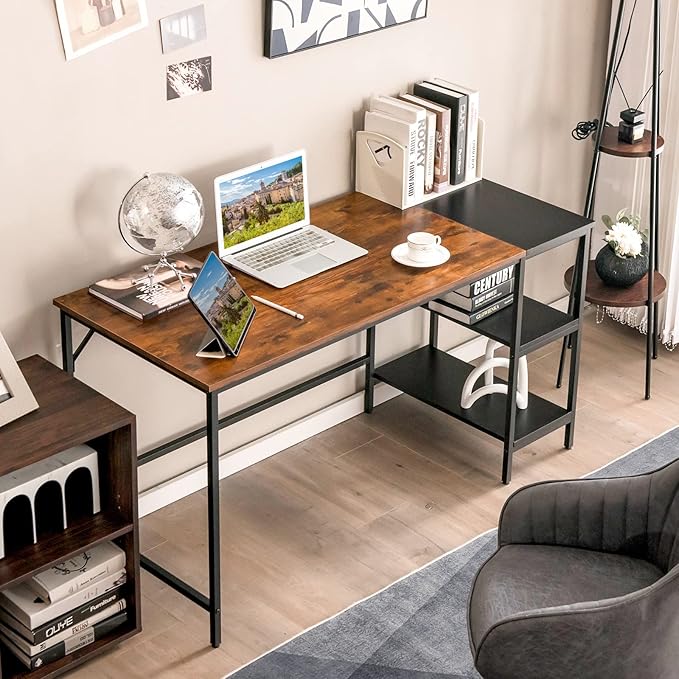 COSTWAY 55” Computer Desk PC Laptop Desk with Storage Shelves Large Computer Desk with Splice Board Adjustable Foot Pads Industrial Home Office Desk for Writing Study Game (Rustic Brown)